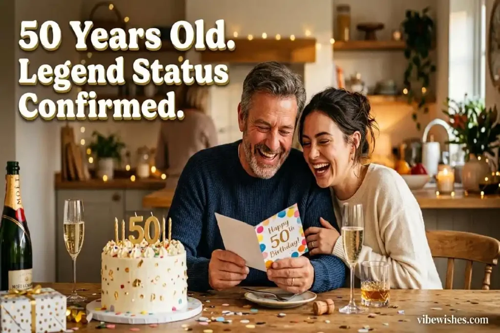 short 50th birthday wishes for dad — phone with powerful birthday message on golden celebration background