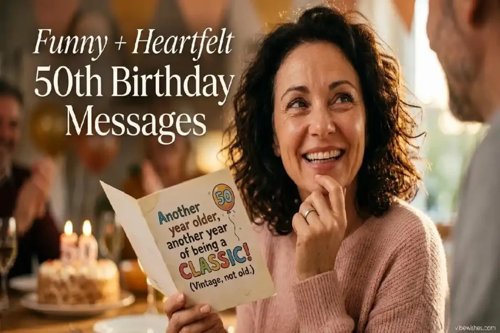 "Person laughing then feeling touched by funny heartfelt birthday message - funny and heartfelt 50th birthday wishes"
