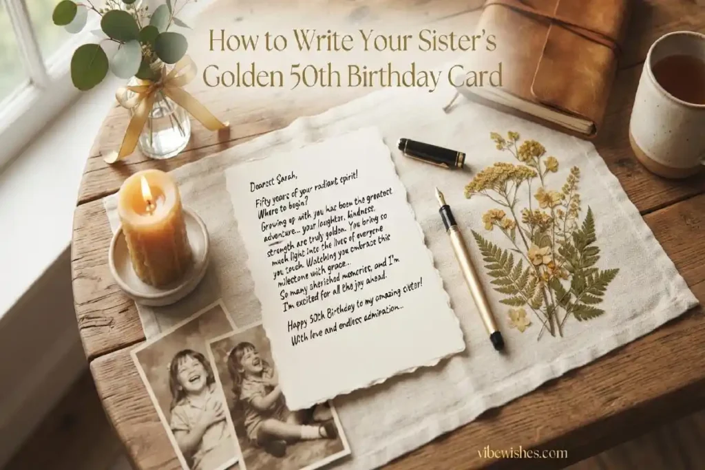 "Sister reading emotional birthday card with tears of joy - more emotional 50th birthday wishes for sister"
