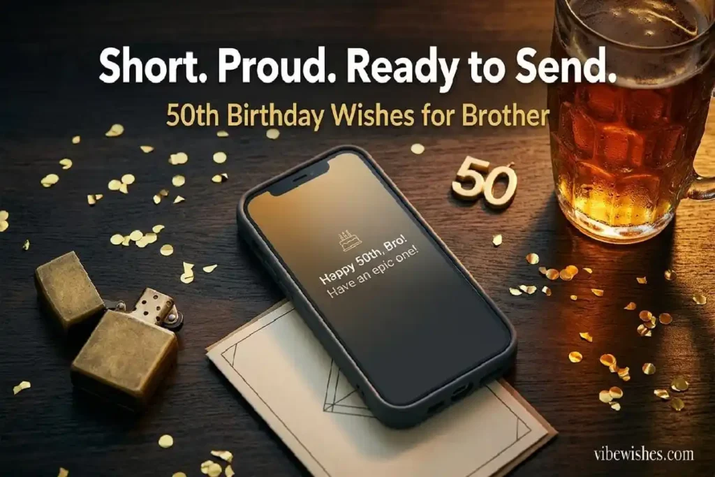 short 50th birthday wishes for brother — phone with birthday message ready to send on golden half-century celebration background