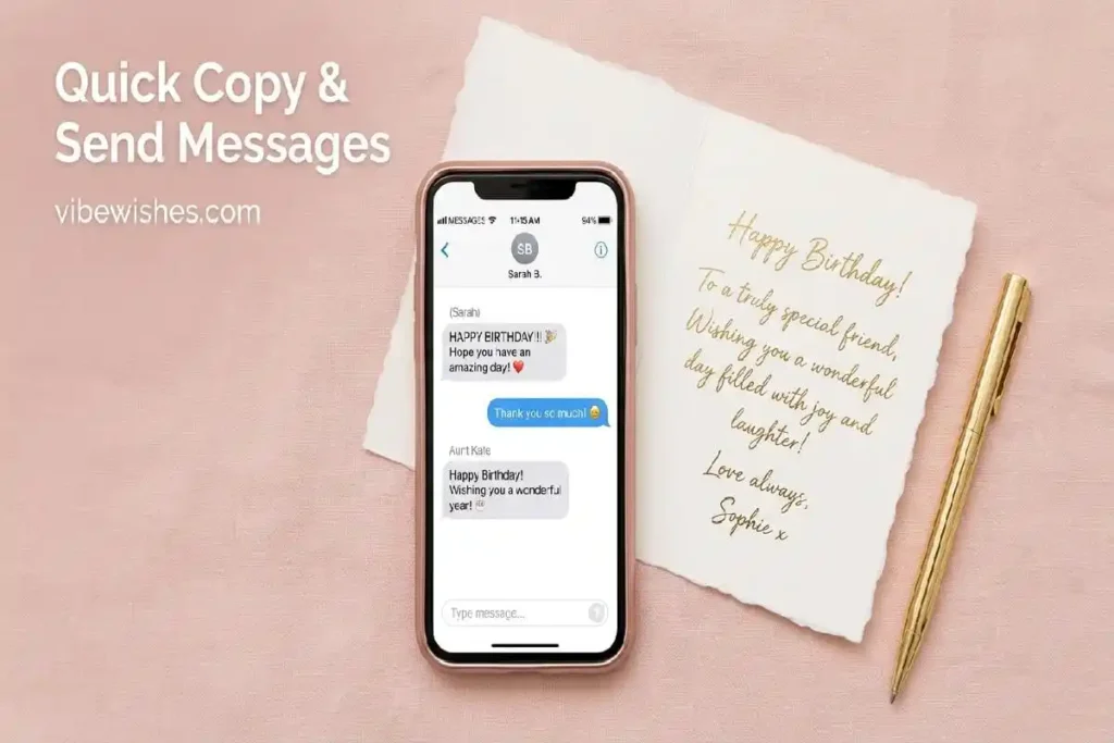 "Smartphone showing short 60th birthday text messages ready to copy and send with elegant card nearby"