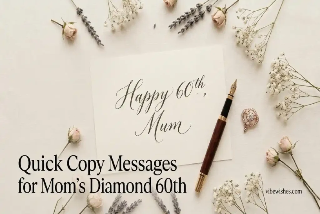 "Elegant handwritten 60th birthday card for mom with flowers and pen ready to copy and send heartfelt message"