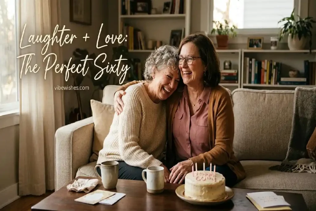"Best friends in their 60s laughing and embracing showing humor and love at birthday celebration"