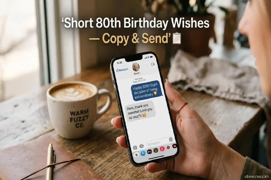 "Smartphone showing short 80th birthday wish text message ready to copy and send"