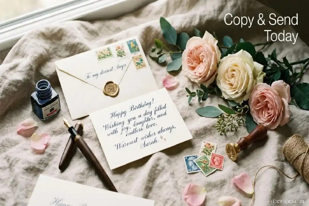 "Beautiful flatlay of handwritten 80th birthday cards and roses for mom, ready to copy and send emotional birthday messages"