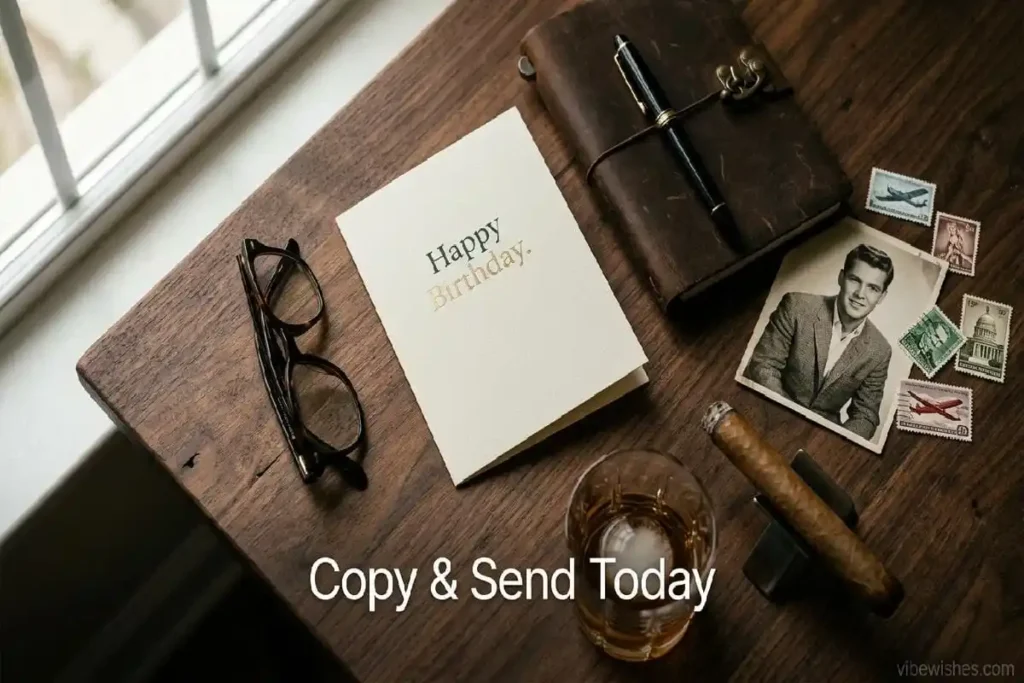 "Masculine flatlay of birthday card writing materials with vintage father photo for 80th birthday wishes for dad to copy and send"