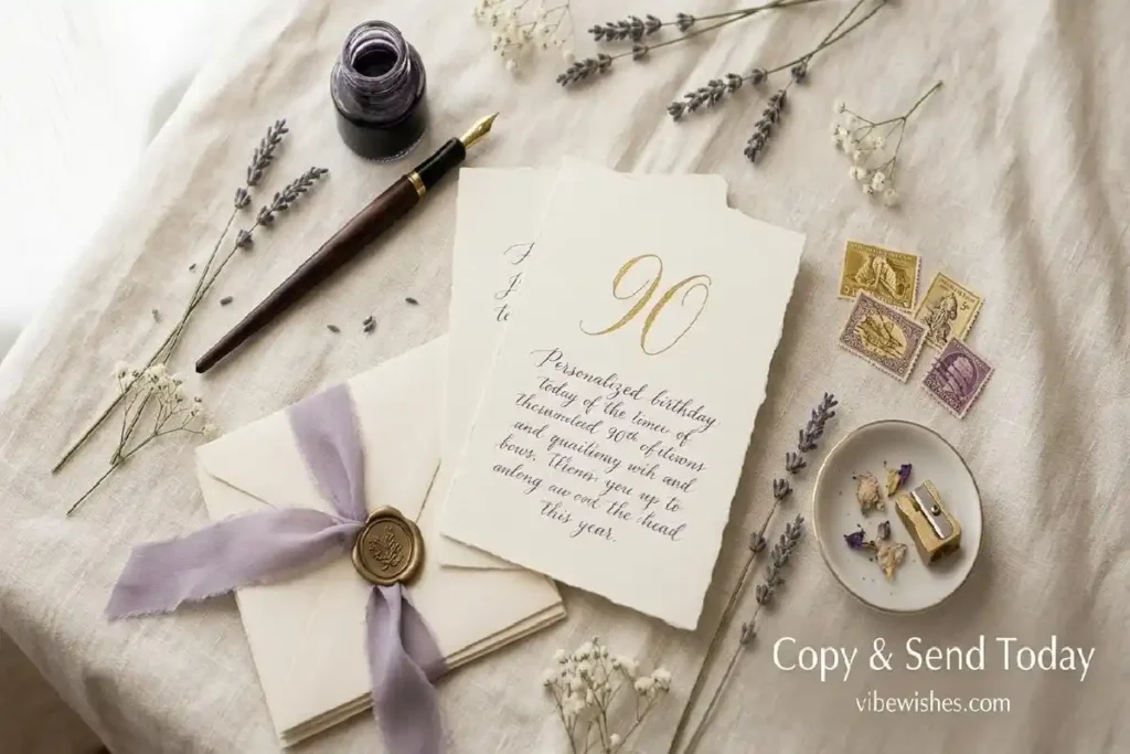 "Beautiful flatlay of elegant 90th birthday cards and stationery for copying and sending heartfelt turning 90 birthday messages"