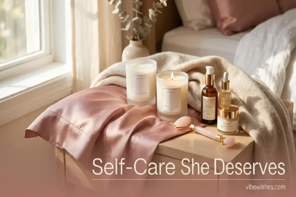 Luxury self-care gift set with silk pillowcase, candles, and skincare for 40th birthday wellness gifts