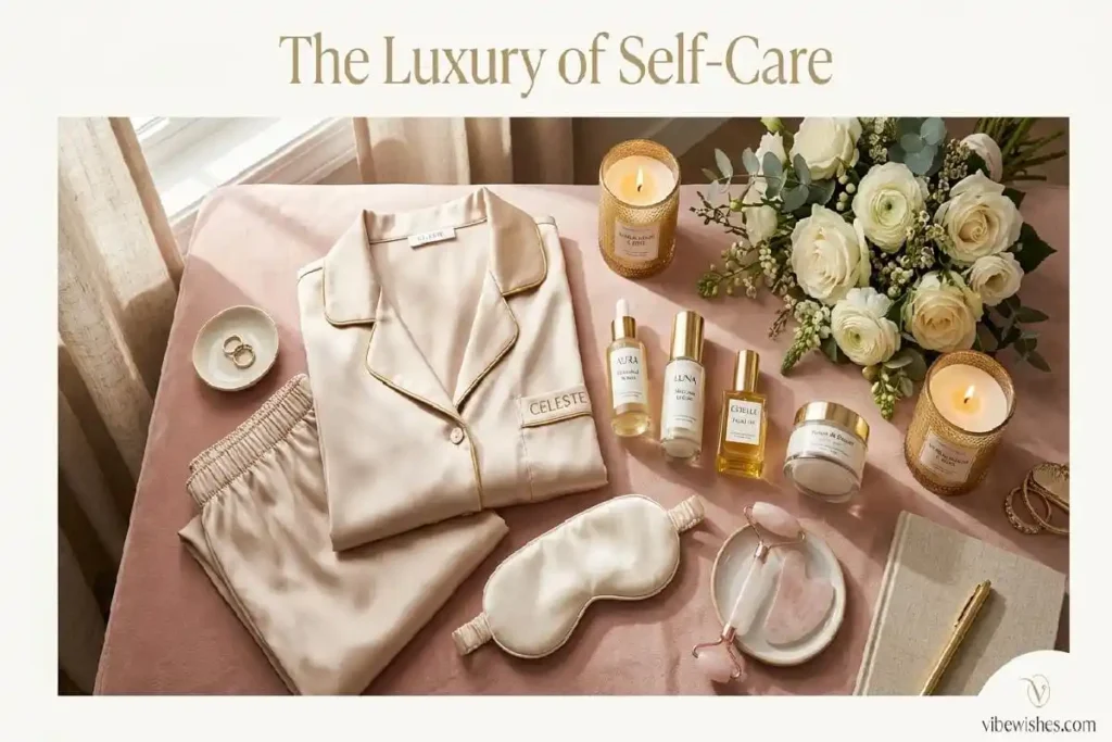 Luxury self-care gift collection with silk pajamas and premium skincare for elegant 50th birthday wellness gifts