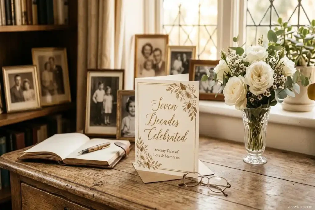 "Elegant 70th birthday card with vintage elements and family photos showing what to write for seven decade milestone"