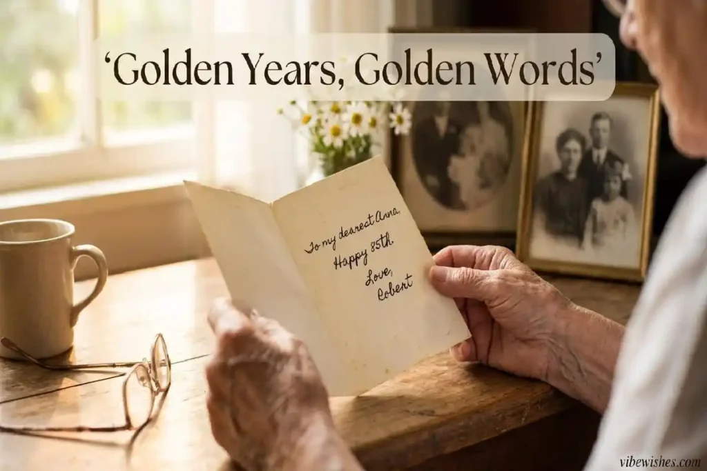 Elderly hands holding handwritten birthday card representing 70th and 80th milestone birthday wishes