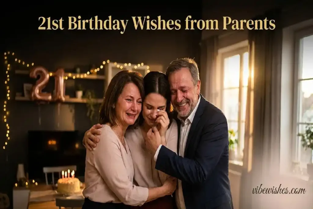 Parents embracing child at 21st birthday with emotional pride