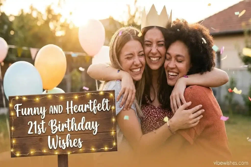 Friends hugging and laughing at heartfelt funny 21st birthday celebration