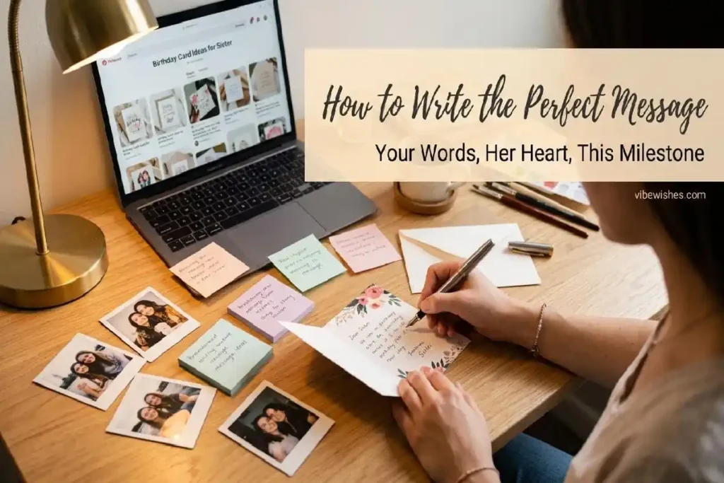 "Person writing personalized 30th birthday message for sister with photos and inspiration - how to write perfect sister birthday wish guide"
