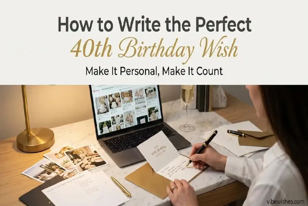 "Person writing personalized 40th birthday message in elegant card - how to write perfect milestone birthday wish guide"
