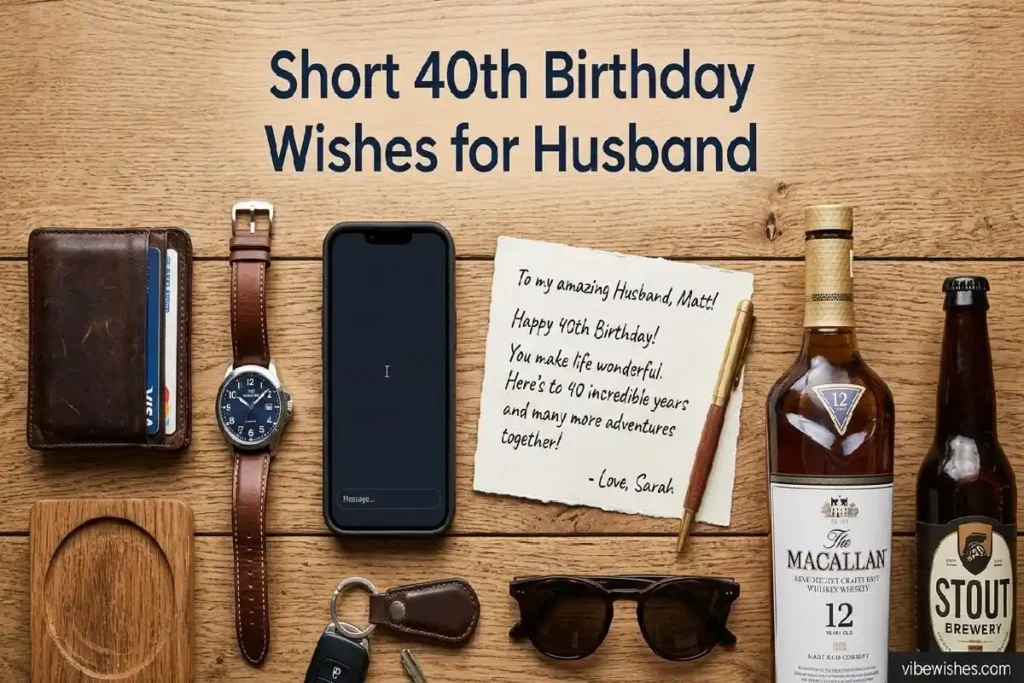 "Masculine flat lay with phone for birthday message - short 40th birthday wishes for husband"