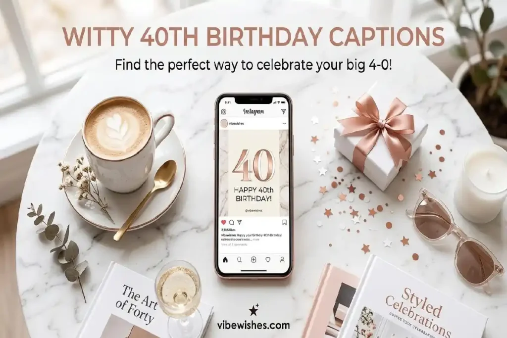 "Instagram post mockup with 40th birthday caption and party elements - witty birthday captions for social media"