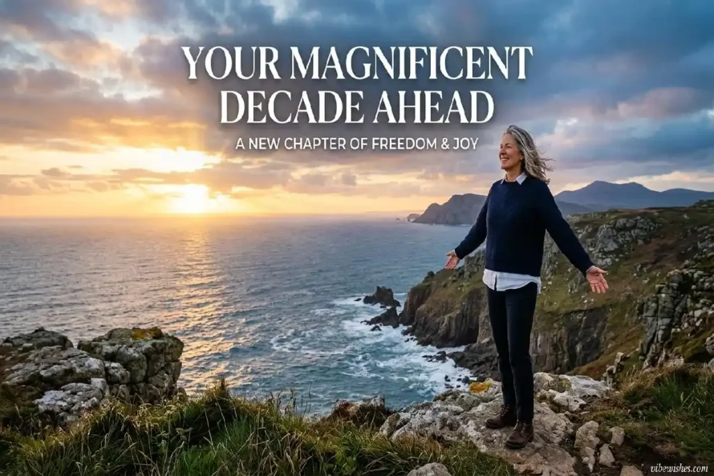 "Confident person at 50 overlooking beautiful horizon - inspiring 50th birthday wishes for decade ahead"
