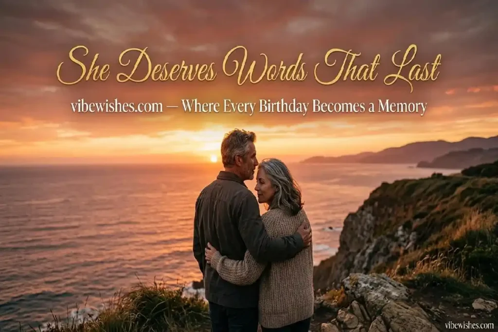50th birthday wishes for wife — couple watching golden sunset on her milestone 50th birthday, romantic and emotional
