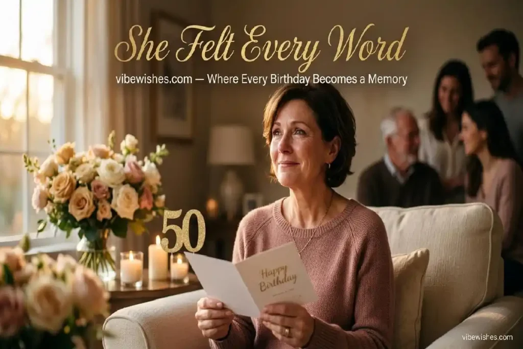 50th birthday wishes for mom — mother looking moved and celebrated on her golden milestone birthday, emotional closing image