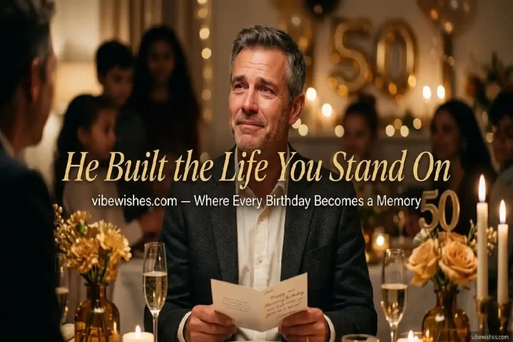 50th birthday wishes for dad — father looking proud and honored at his golden 50th birthday milestone, emotional closing