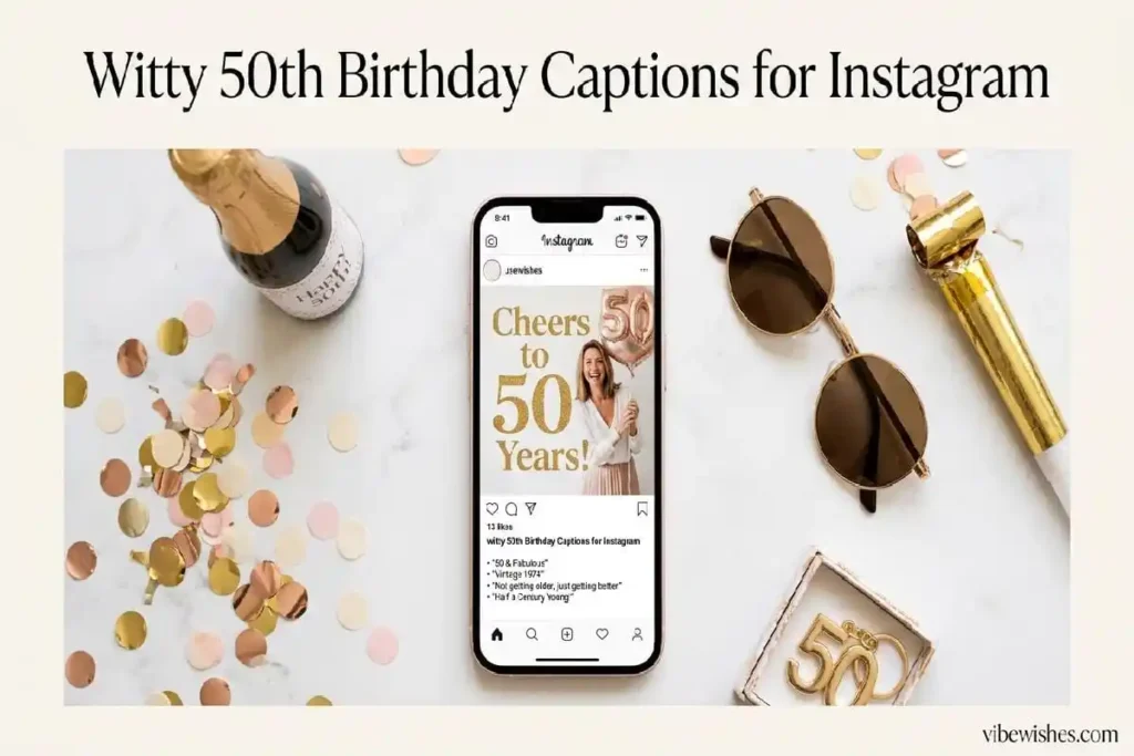 "Instagram post mockup with 50th birthday caption and party elements - witty birthday captions for half-century club social media"
