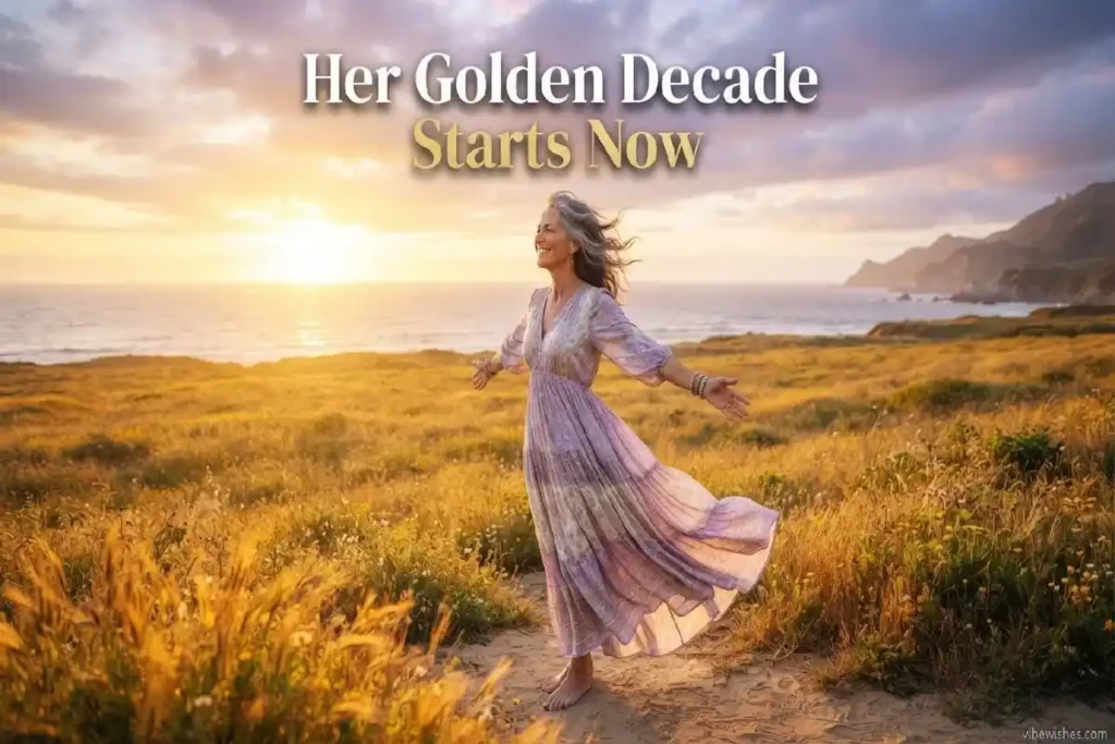 "Confident woman at 50 in golden light celebrating new decade - inspirational 50th birthday wishes for sister golden decade"
