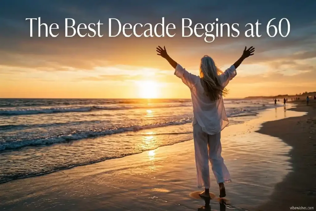 "Mature woman celebrating freedom and new beginnings at beach sunset representing inspiring start to 60s decade"