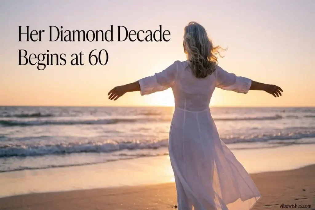"Elegant woman in her 60s with arms outstretched at beach sunset representing freedom and new beginnings in diamond decade"