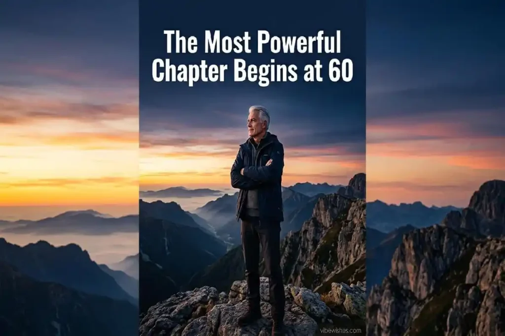 "Distinguished man in his 60s at mountain summit sunrise representing strength, wisdom, and powerful new chapter beginning"