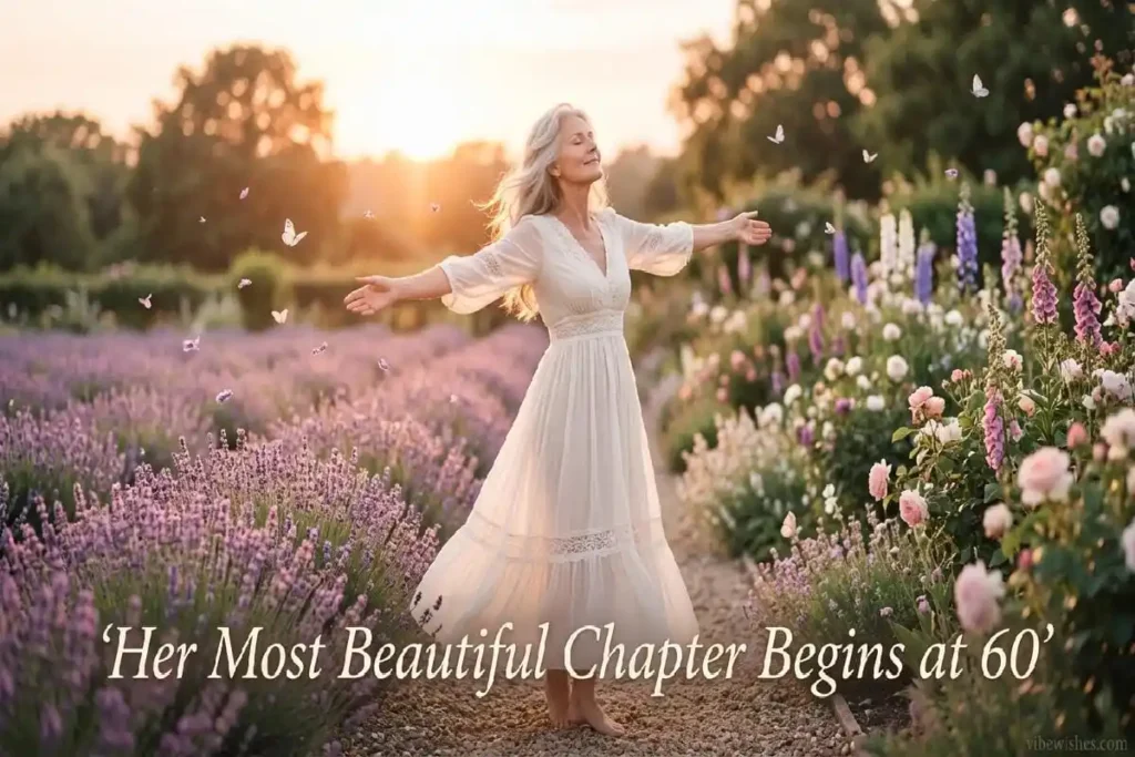 "Elegant woman in her 60s in flower field at sunset representing beauty, freedom, and romantic new chapter beginning"