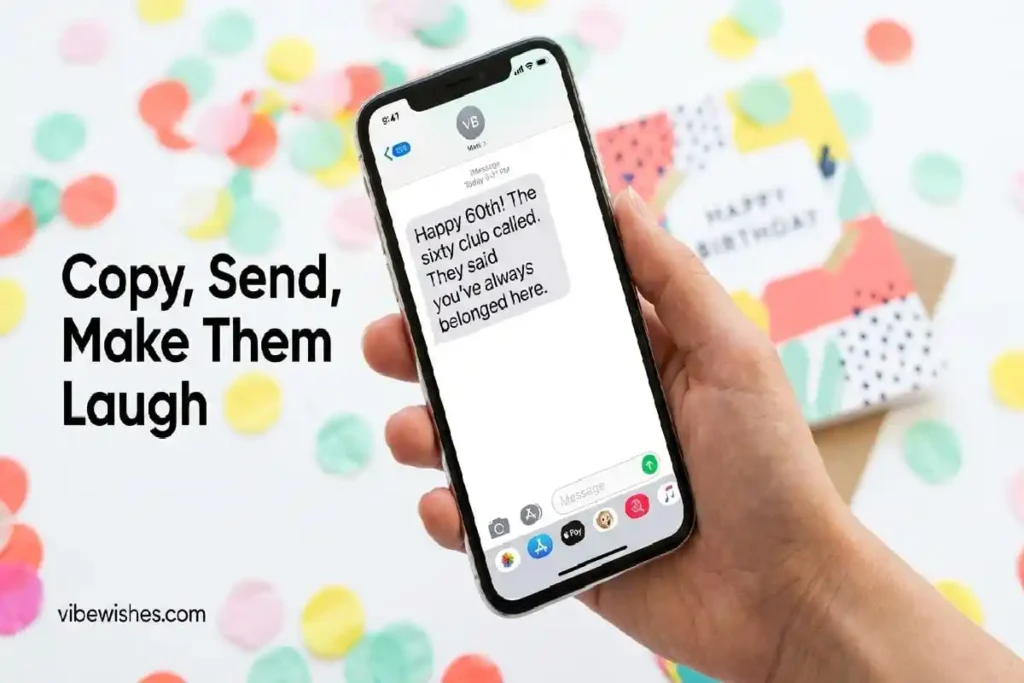 "Smartphone showing funny 60th birthday text messages ready to copy and send to sixty club members"