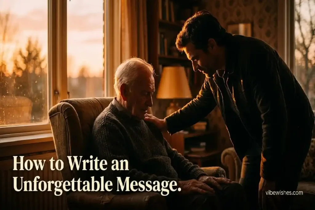 "Emotional father-son moment during 80th birthday celebration showing respect and gratitude, illustrating how to write meaningful messages for dad"