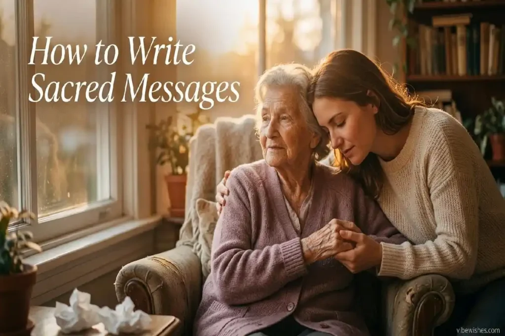 "Emotional grandchild embracing 90-year-old grandparent in tender moment, illustrating how to write meaningful sacred 90th birthday messages"
