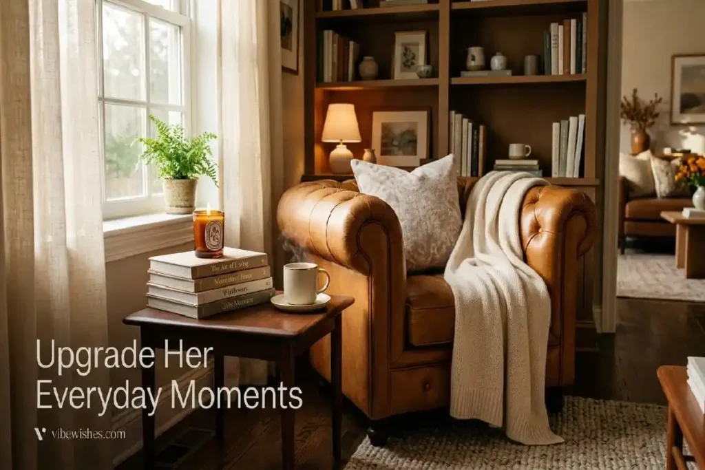Cozy home lifestyle setting with luxury candles, cashmere throw, and coffee showing elevated everyday gift ideas for 40th birthday