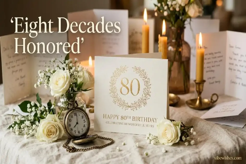 "Sacred 80th birthday card with gold calligraphy and vintage elements showing what to write for eight decade milestone"