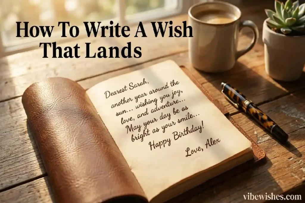 Handwritten birthday wish draft in notebook showing how to write the perfect milestone birthday message