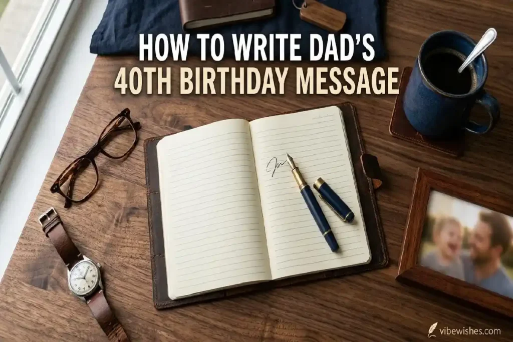 "Masculine writing desk setup for crafting birthday message - how to write 40th birthday message for dad guide"
