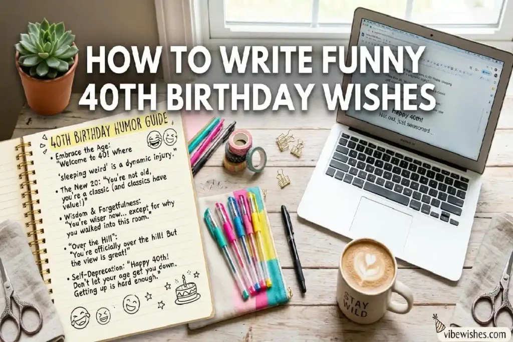 "Creative writing workspace for crafting funny messages - how to write funny 40th birthday wishes guide"