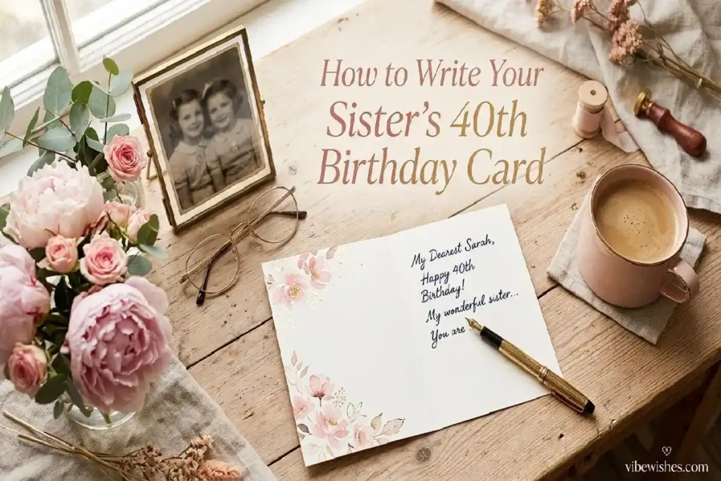 "Feminine writing desk with birthday card for sister - how to write unforgettable 40th birthday card for sister guide"