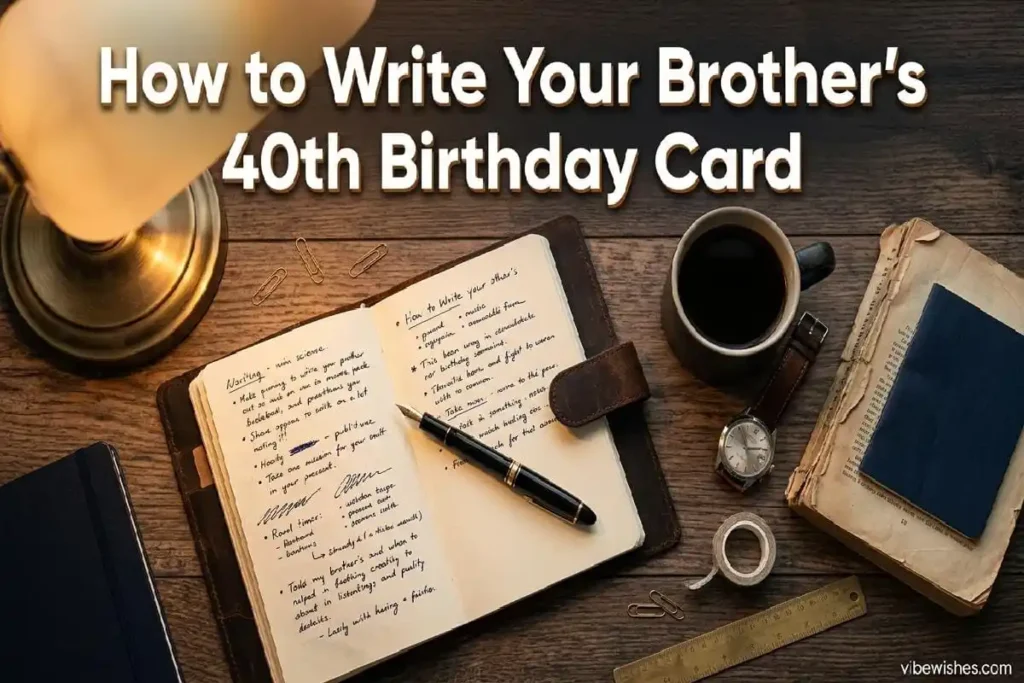 "Masculine writing workspace with journal and pen - how to write unforgettable 40th birthday card for brother guide"
