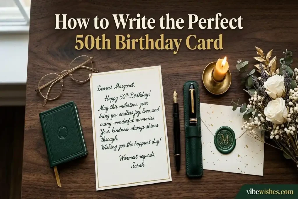 "Premium writing materials on elegant surface for 50th birthday card - how to write unforgettable 50th birthday card guide"
