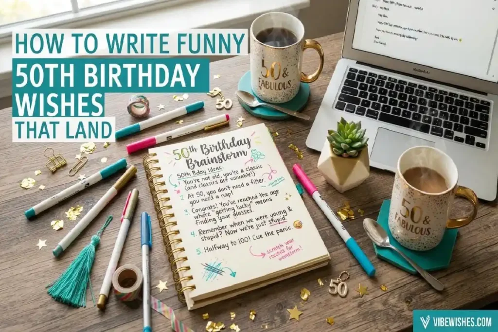 "Creative humorous writing workspace for 50th birthday wishes - how to write funny 50th birthday wishes that land guide"
