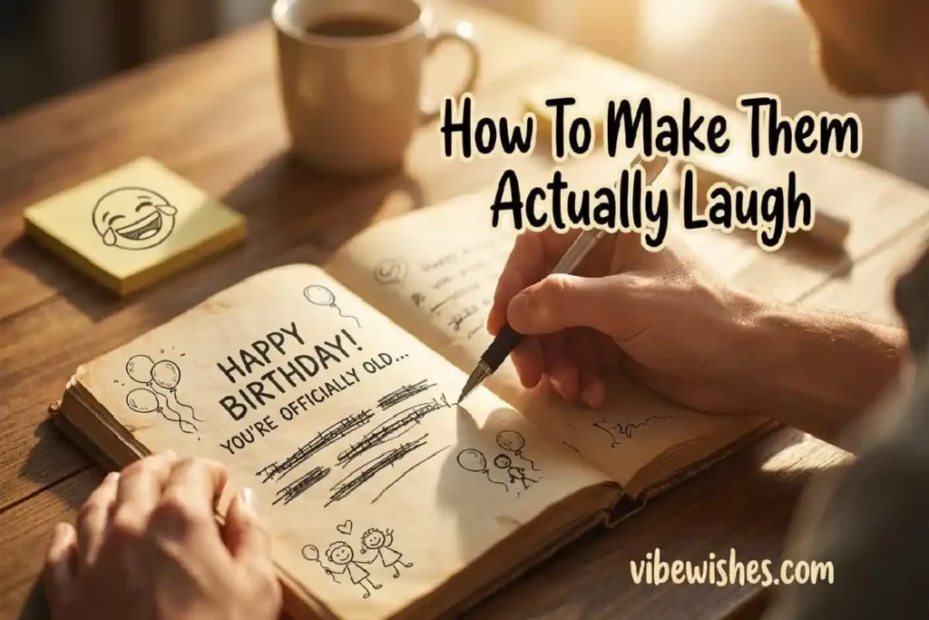 "Hands writing funny birthday wish draft in notebook showing how to write humorous 18th birthday messages"