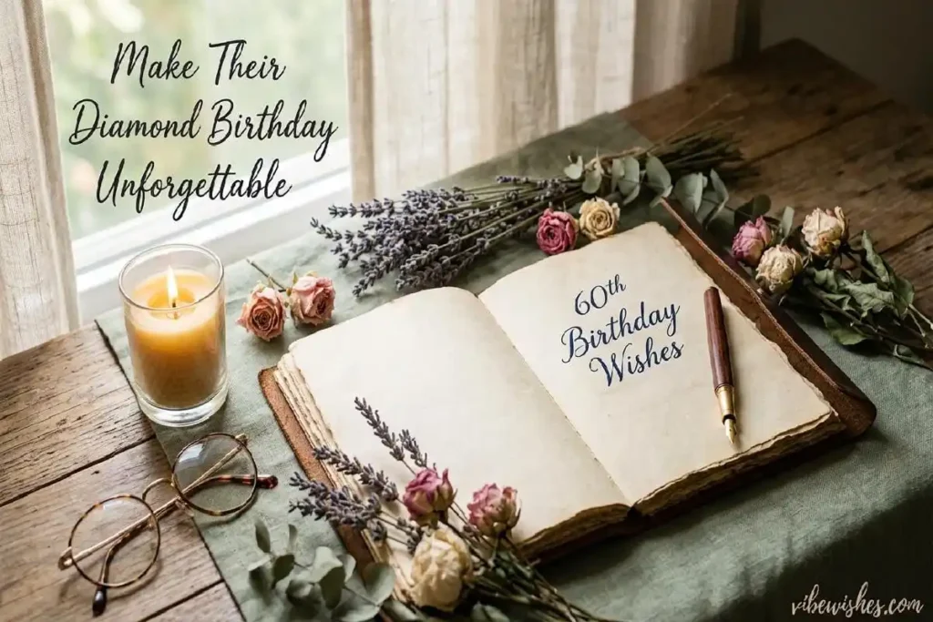 "Elegant journal with handwritten 60th birthday wishes surrounded by flowers and candle representing thoughtful milestone celebration"