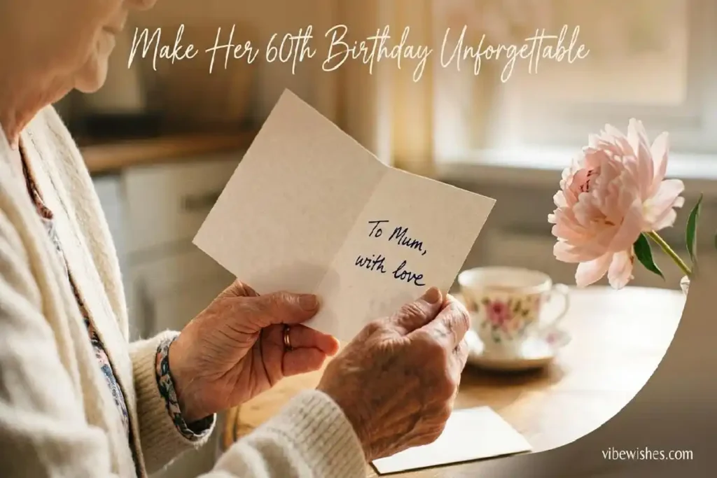 "Mother's hands holding heartfelt handwritten 60th birthday card with flower representing treasured milestone celebration"