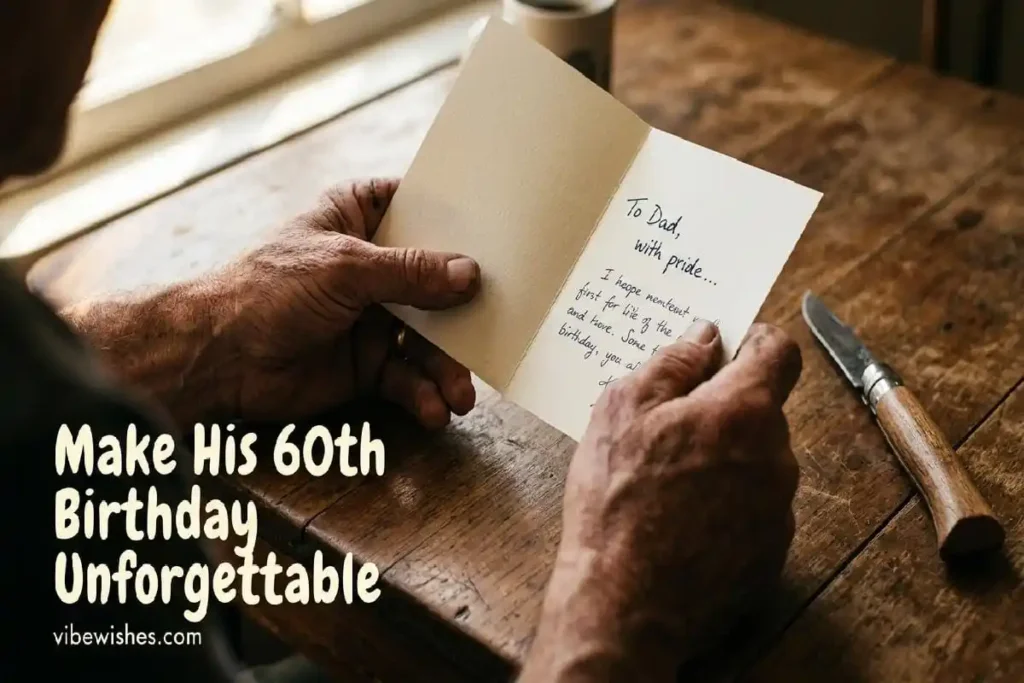 "Father's weathered hands holding heartfelt handwritten 60th birthday card representing treasured milestone celebration"