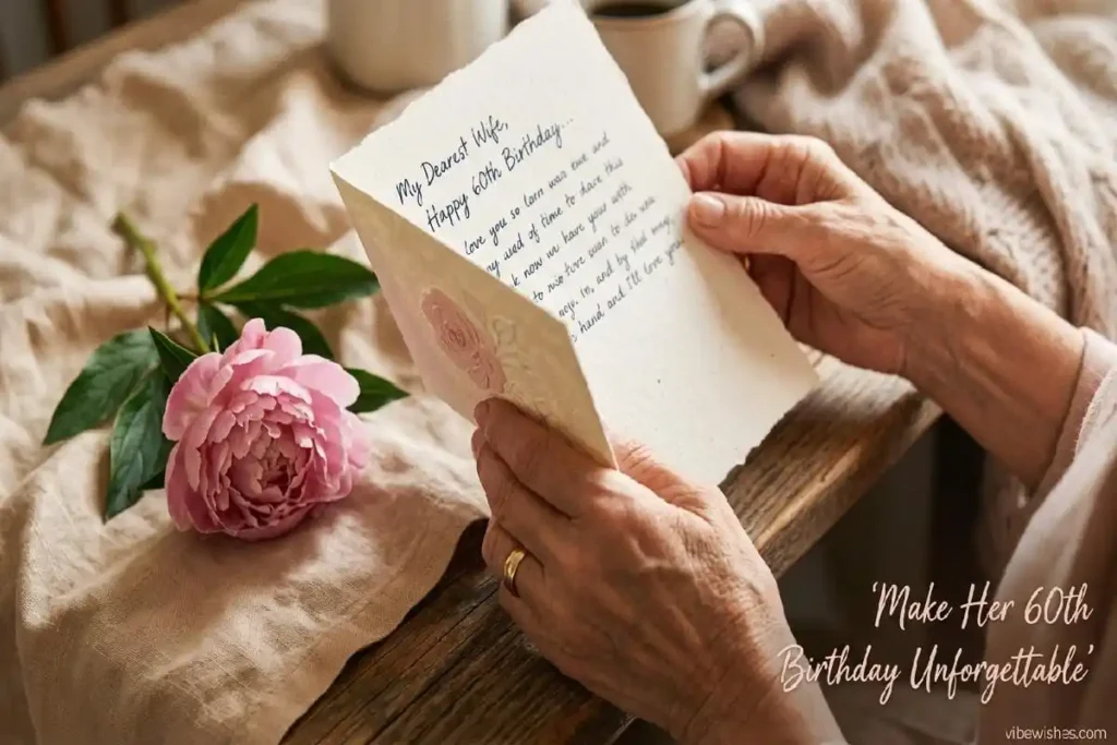 "Wife's hands holding treasured romantic handwritten 60th birthday card with flower representing enduring love"