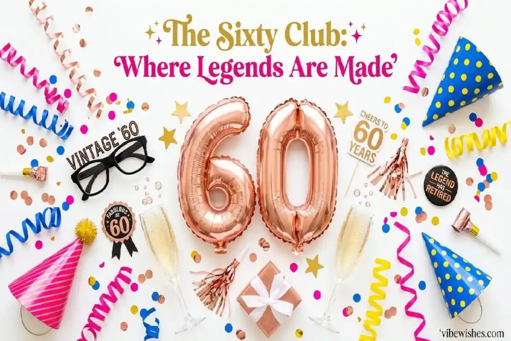 "Colorful sixty balloons and party decorations flat-lay for funny 60th birthday celebration captions"