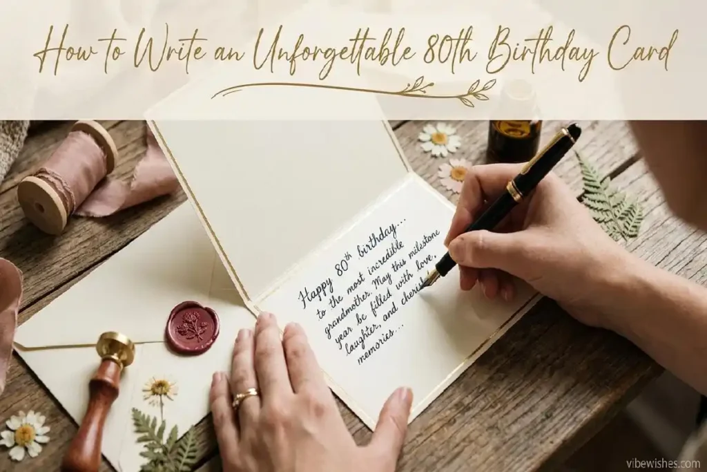 "Hands writing personalized 80th birthday card with fountain pen showing tips for creating heartfelt messages"